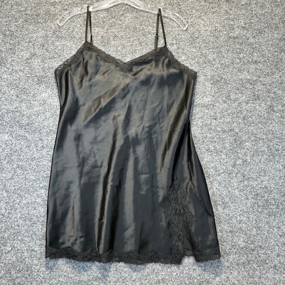 Victoria's Secret Slip Dress Women Medium Black Lace Trim Satin Chemise Lingerie